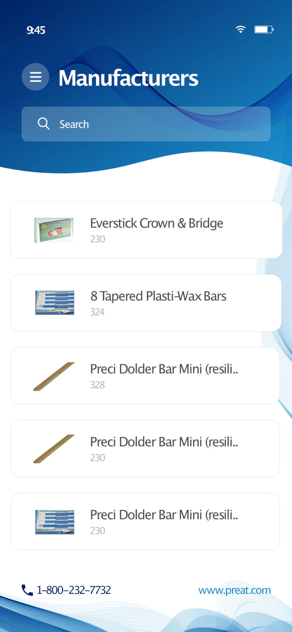 PREAT DENTAL APP SCREEN SHOT PRODUCTS LIST DEVELOPED BY AFTER DARK GRAFX