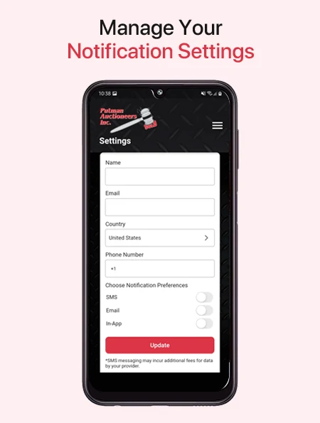 Putman Auctioneers App for Android by After Dark Grafx in San Diego - Manage Notifications Screen